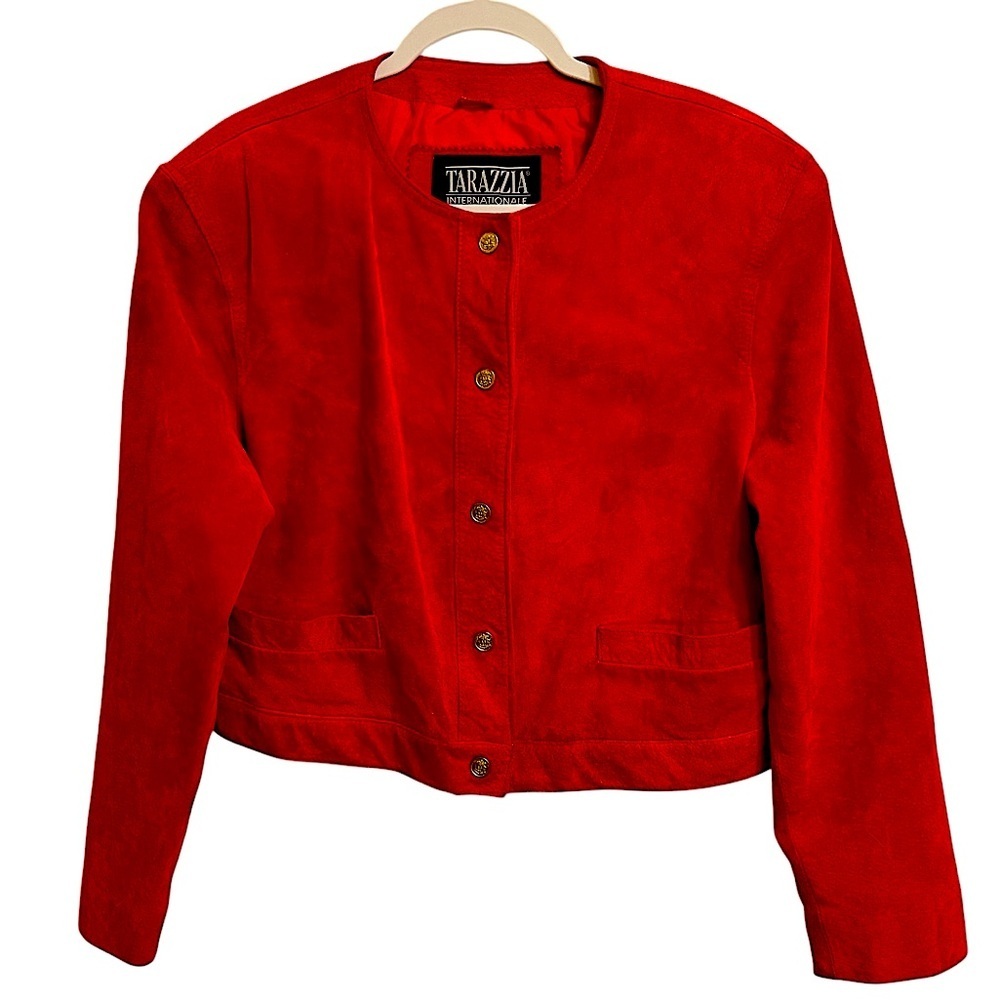 Vintage Tarazzia Internacionale True Red Suede Cropped Lady Jacket Blazer Large